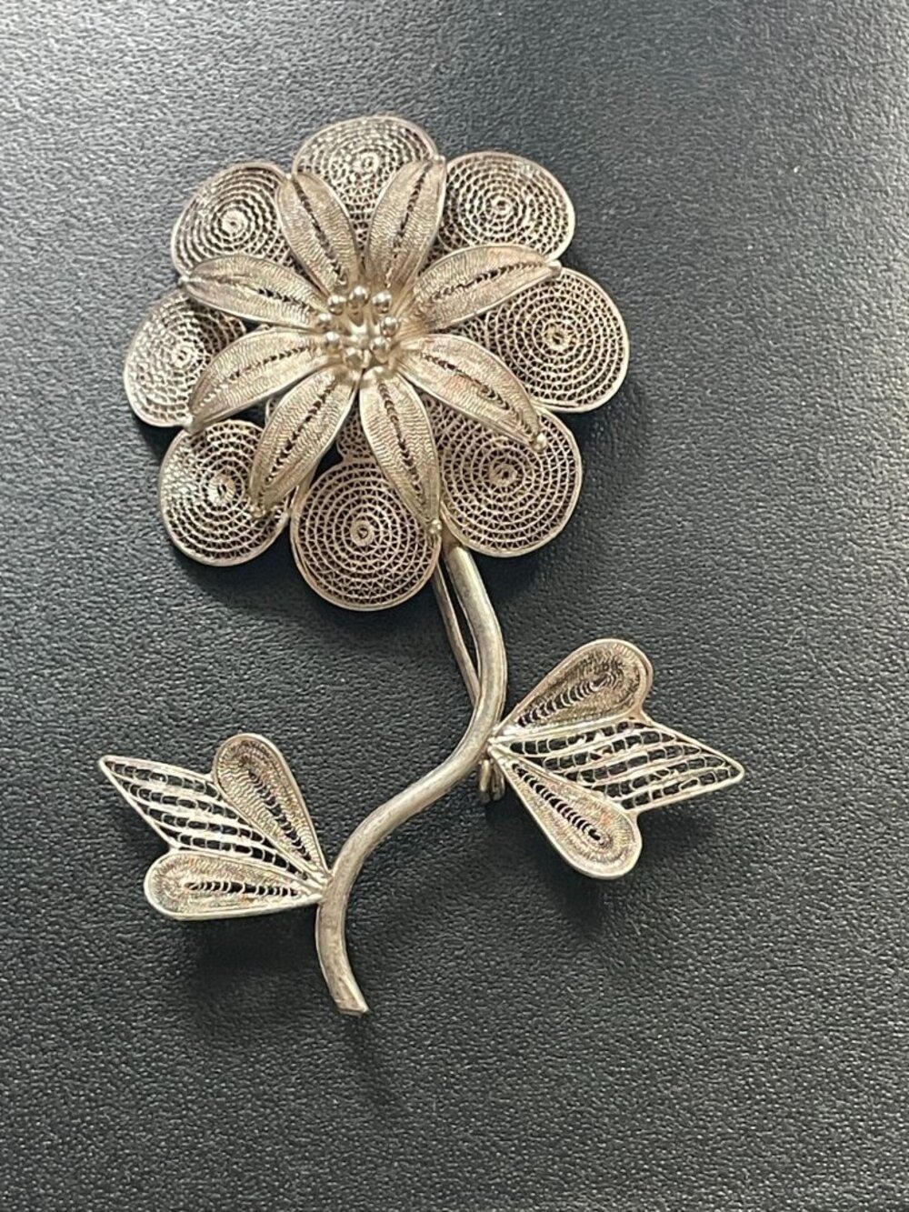 Vintage Silver Filigree 3D Tiered Flower Stem Brooch Coiled Leaf Pin 3"